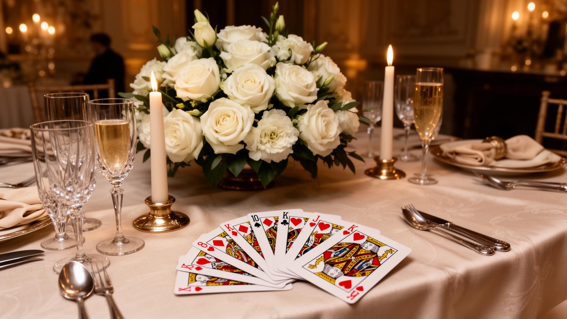 Stół główny — białe róże, dekoracyjne karty i kryształ