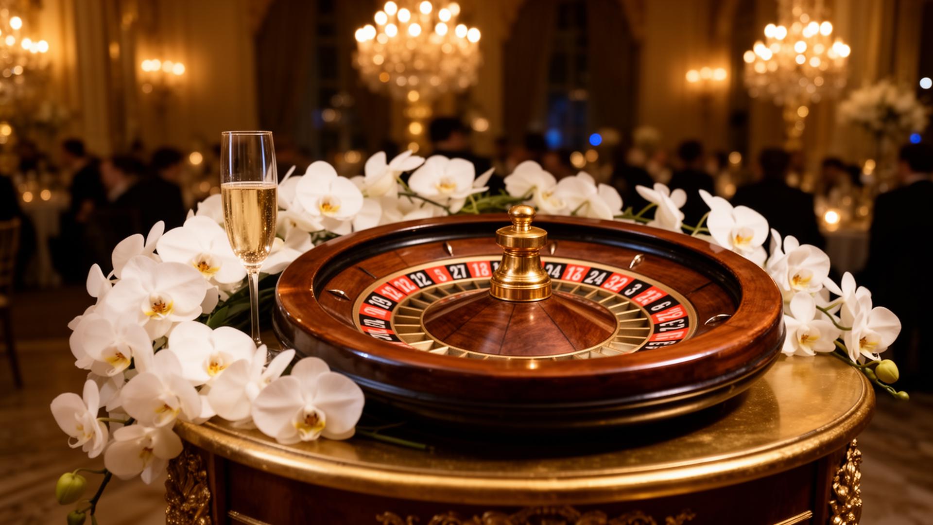 Vintage koło ruletki jako rekwizyt scenograficzny przy białych orchideach