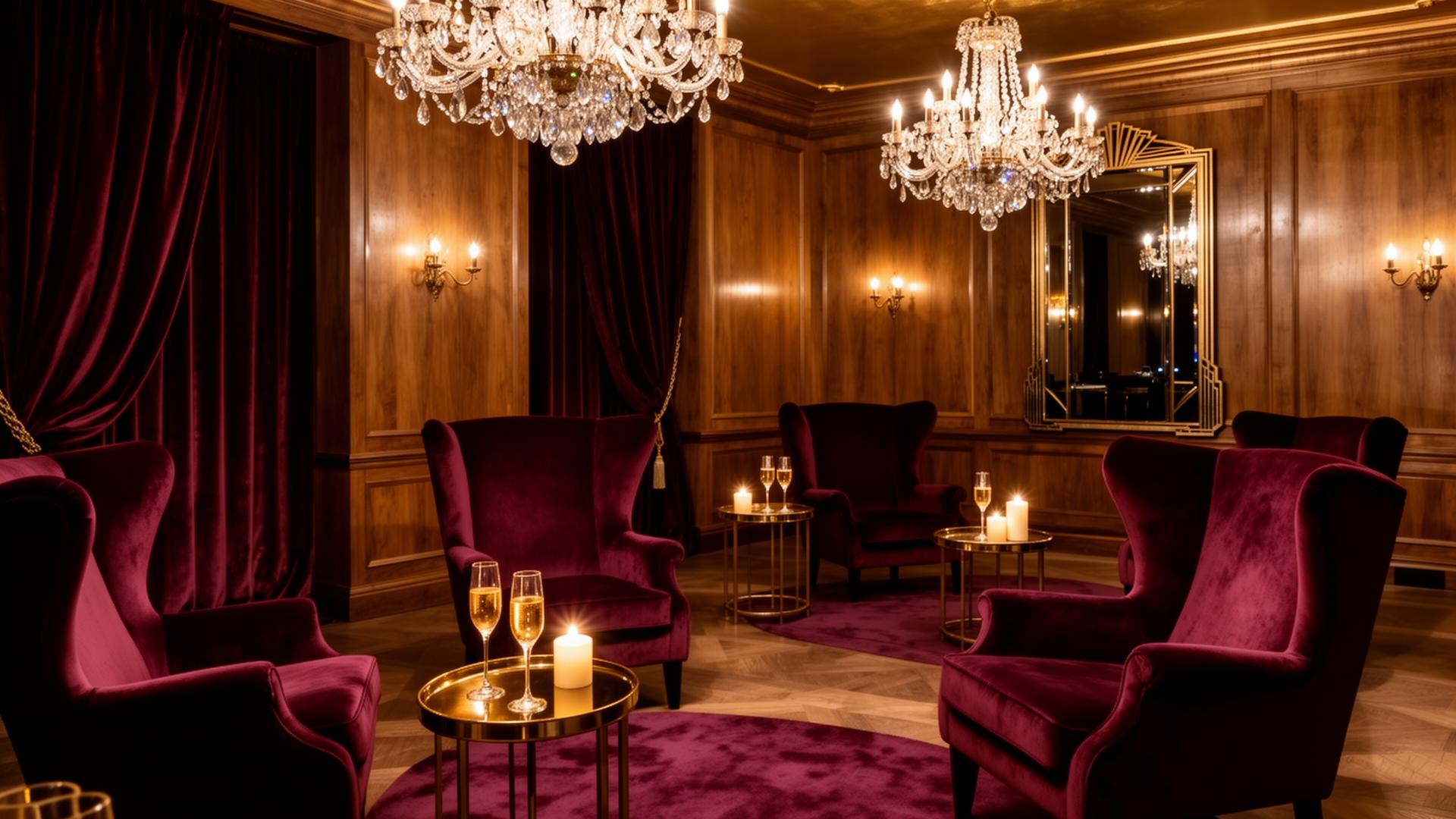 Salon z kryształowymi żyrandolami i aksamitnymi fotelami