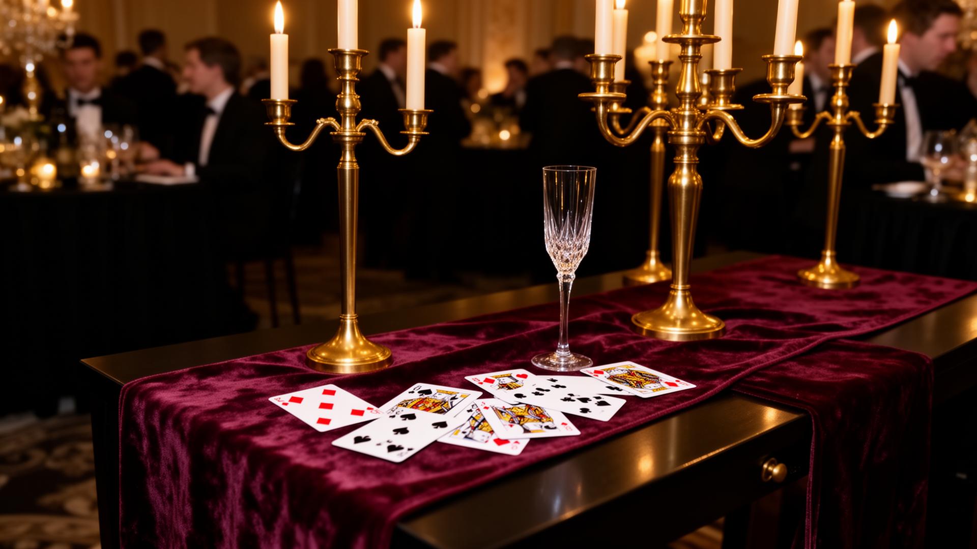 Stolik tematyczny z dekoracyjnymi kartami i kandelabrami